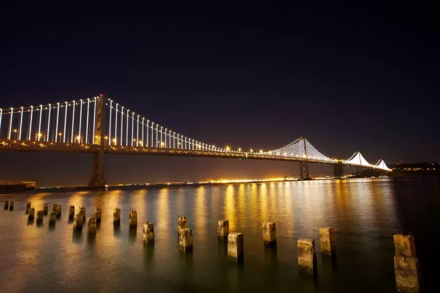 The Bay Bridge at night, showcasing the Bay Lights installation by artist Leo Villareal.